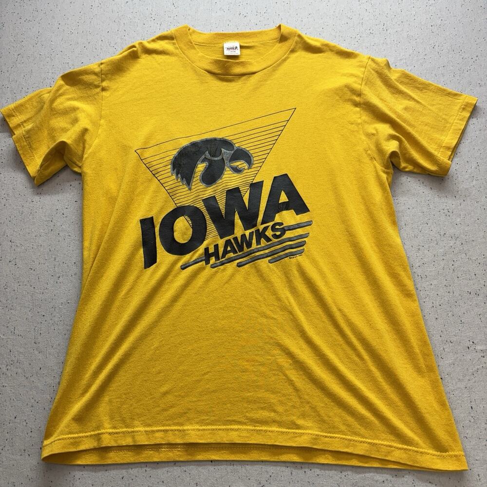 VTG 1987 Iowa Hawkeyes T Shirt Large H Wolf Sons Yellow Single Stitch NCAA 80s